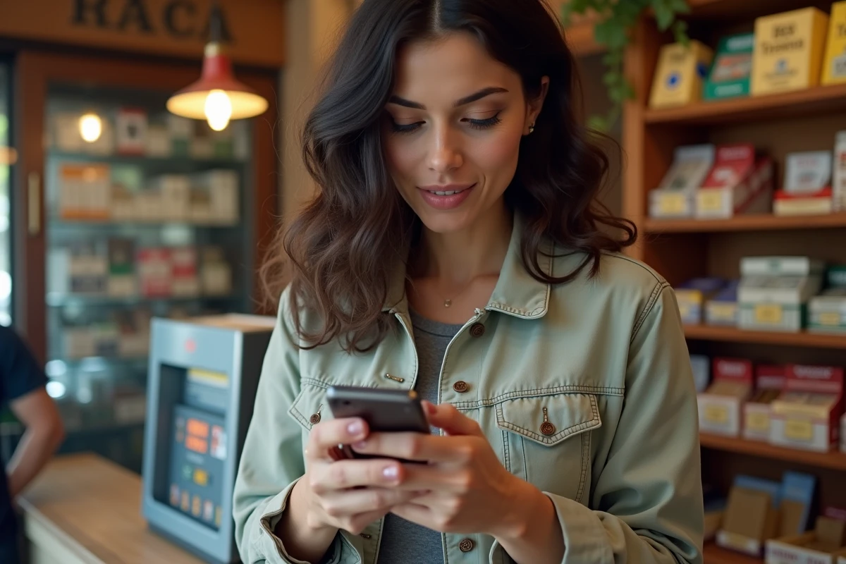 Femme comparant les prix du tabac à rouler dans un bureau de tabac français en consultant son téléphone
