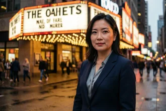 Actrice asiatique confiante devant l'affiche lumineuse d'un cinéma urbain illustrant sa percée au box-office