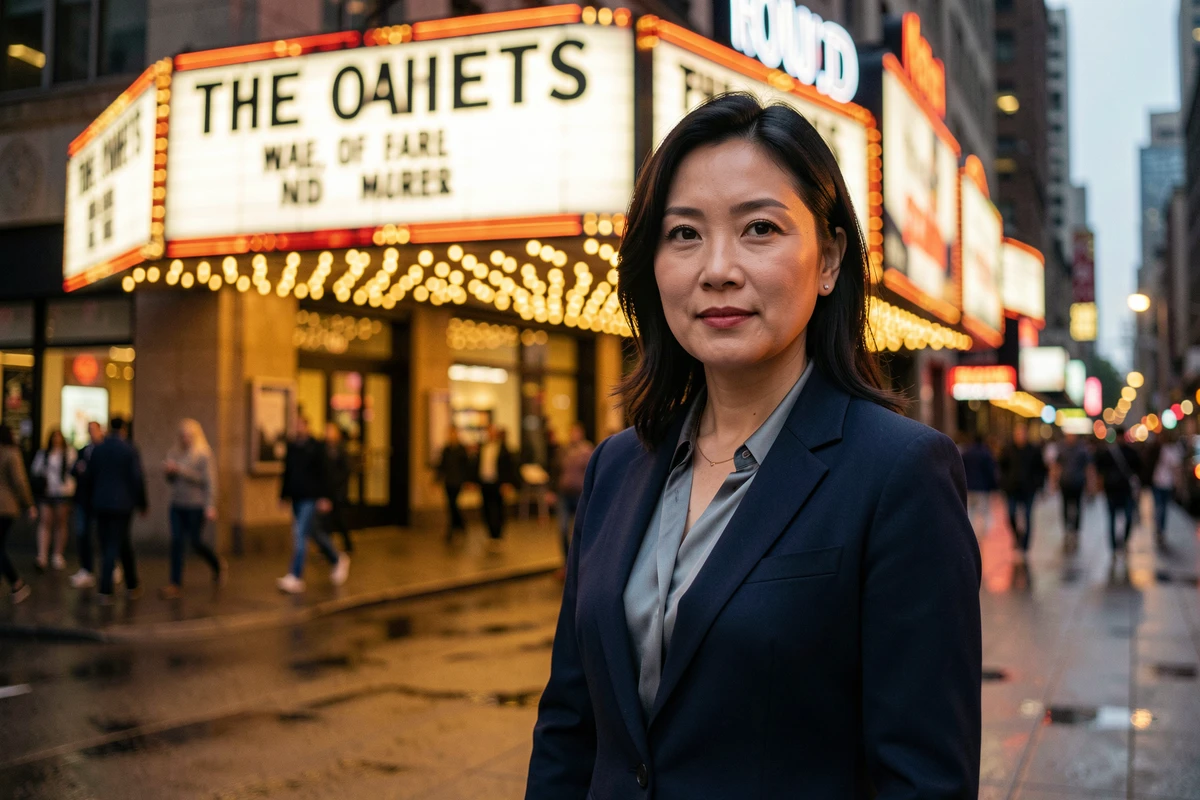 Actrice asiatique confiante devant l'affiche lumineuse d'un cinéma urbain illustrant sa percée au box-office