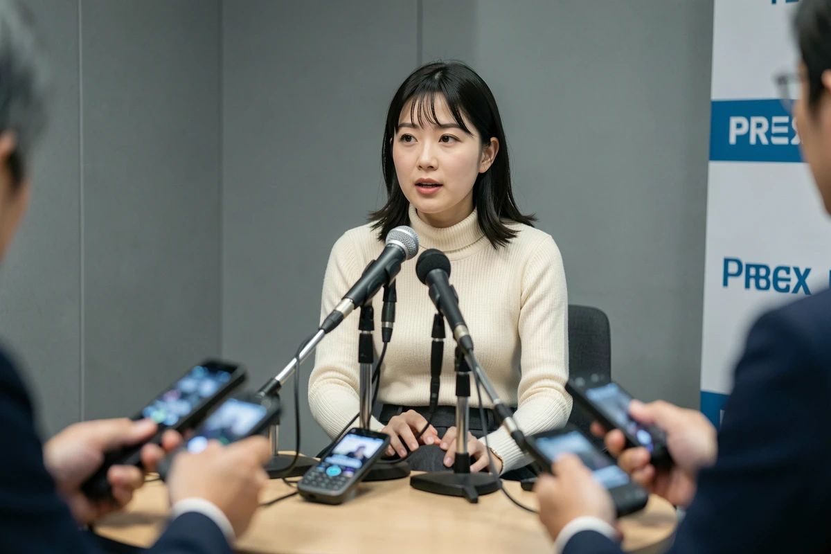 Actrice japonaise en conférence de presse répondant aux médias, symbolisant l'influence croissante des actrices asiatiques au cinéma mondial