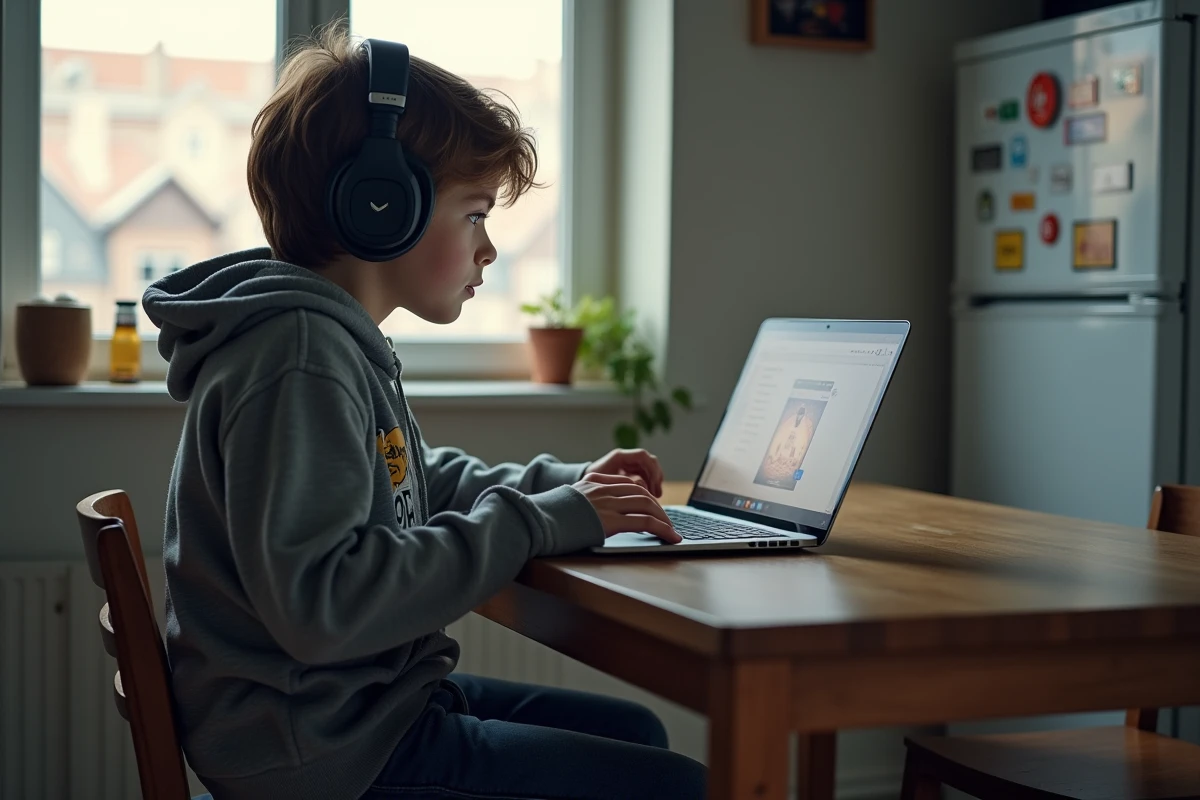 Adolescent joue en ligne &agrave; Scrabble sur son ordinateur portable