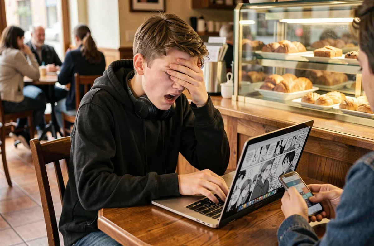 Adolescent évitant les spoilers onepiece scan dans un café avec une expression amusée
