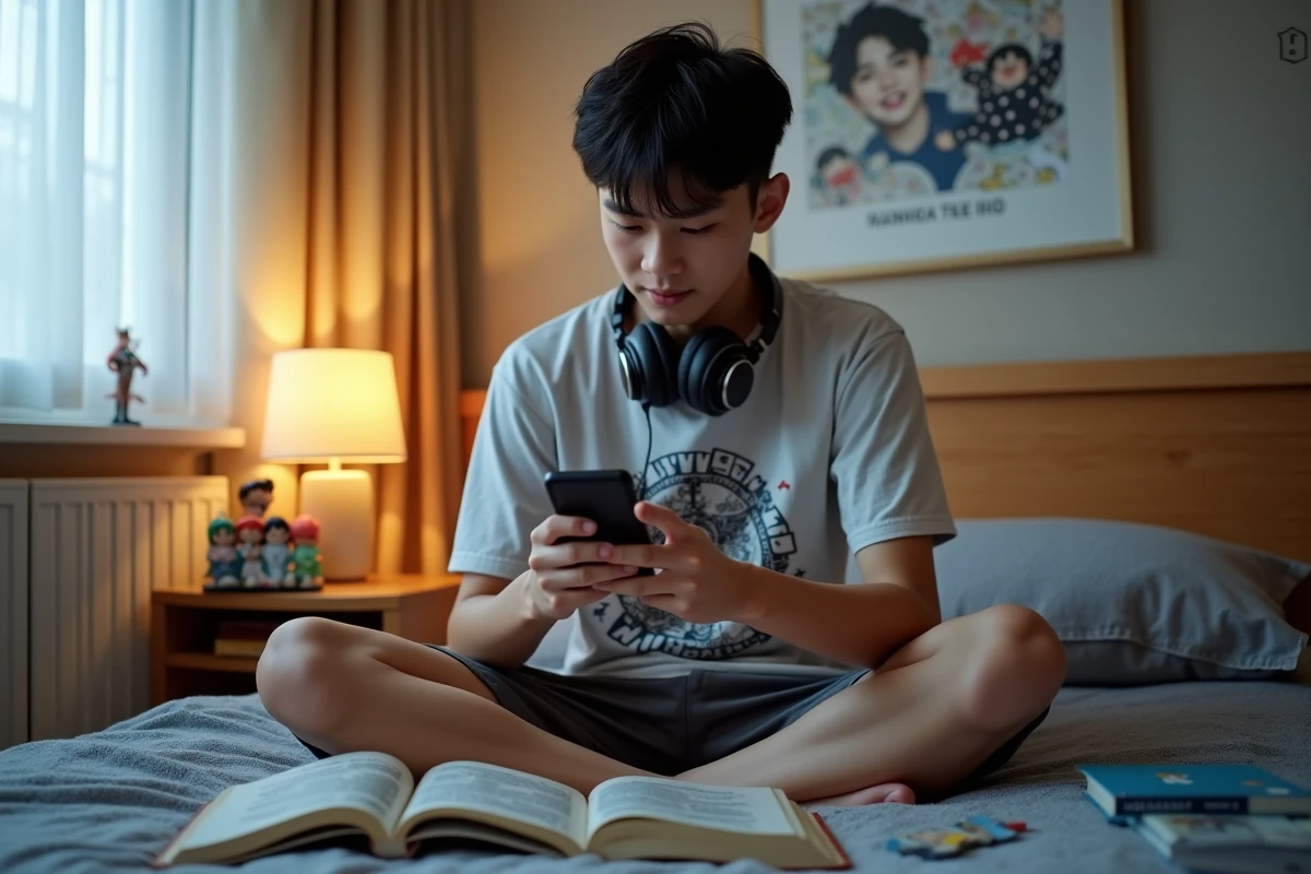 Adolescent parcourant un site de scan manga sur smartphone allongé sur son lit entouré de volumes physiques