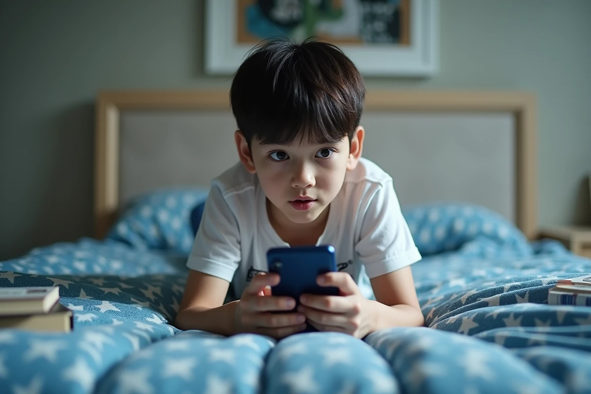 Adolescent allongé sur son lit lisant des scans manga sur smartphone entouré de volumes manga