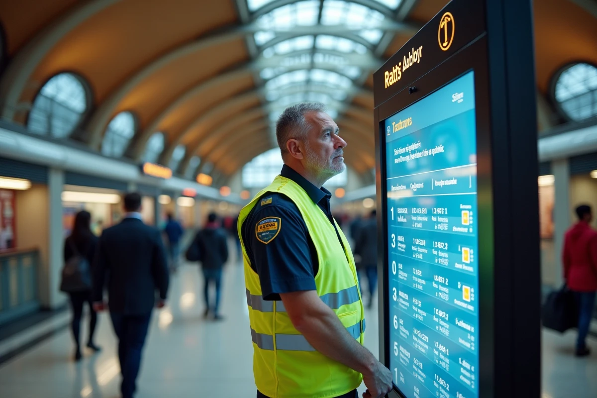 Agent RATP devant un tableau d'affichage numérique des informations trafic en temps réel en gare parisienne