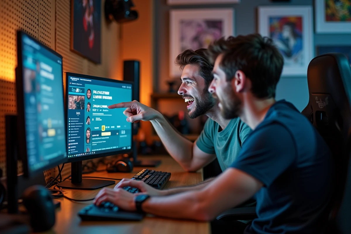 Deux amis gamers hilares en découvrant leur temps de jeu cumulé sur League of Legends