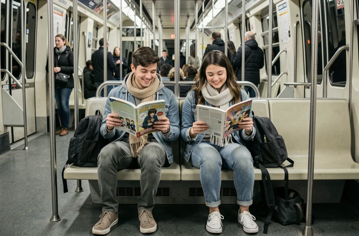 Deux amis lisant des scans onepiece dans le métro en évitant les spoilers