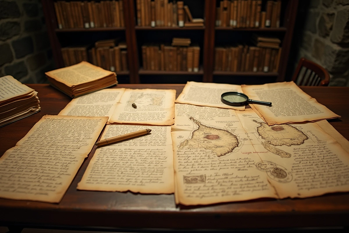 Documents d'archives coloniales manuscrits sur la Nouvelle-Calédonie posés sur une table en bois, évoquant les archives historiques de la résistance kanak