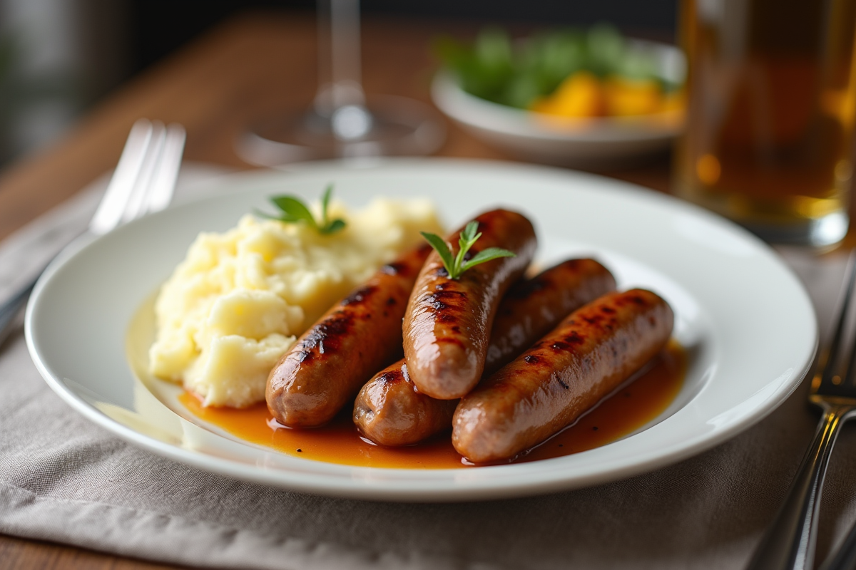 Assiette de saucisse avec purée et moutarde sur table en lin