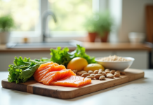 Assortiment d'aliments riches en vitamine B3 sur un plan de travail