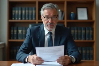 Avocat en costume navy examinant un document juridique