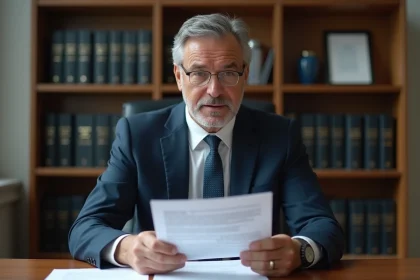 Avocat en costume navy examinant un document juridique