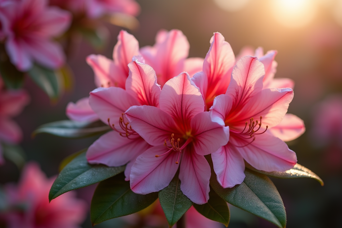 Gros plan sur une azalee en fleur avec rosée au matin