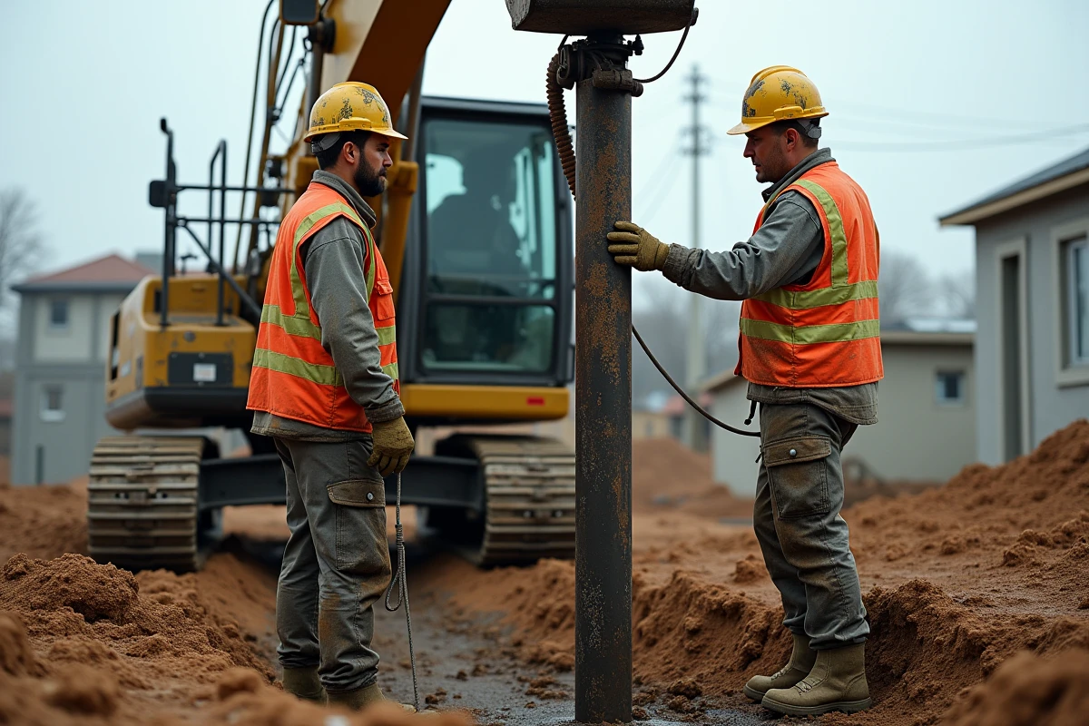 Ouvriers du bâtiment utilisant une machine de battage de pieux pour renforcer un sol instable et saturé d'eau sur un chantier de construction pavillonnaire