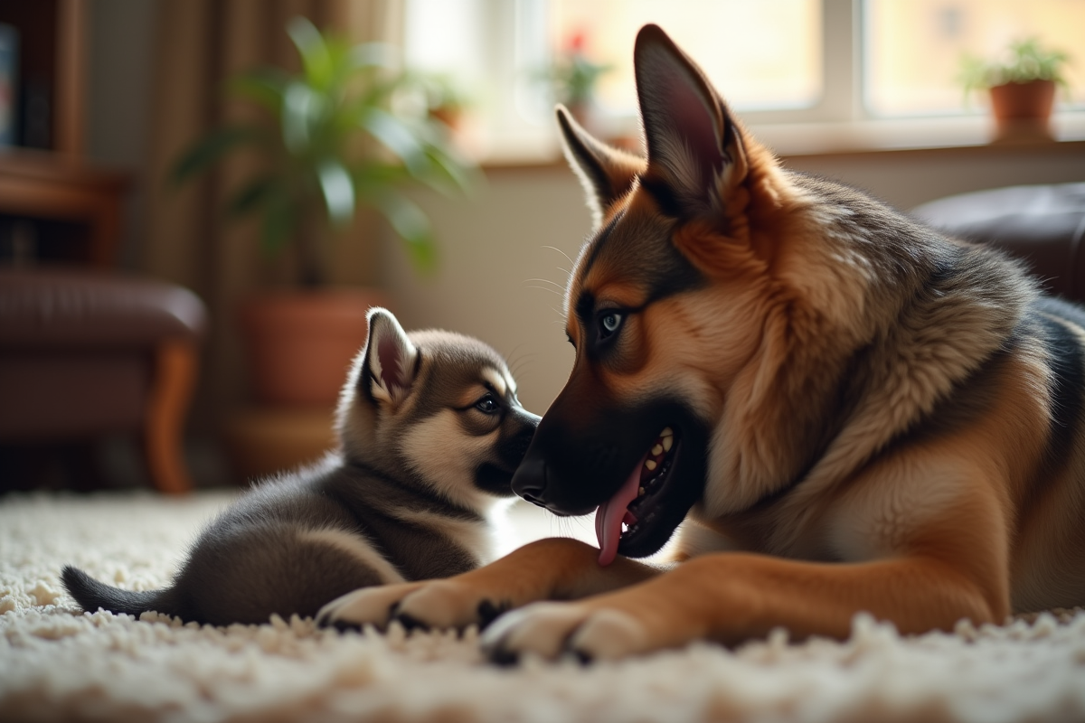 Chien adulte husky berger allemand caressant un chiot nouveau né
