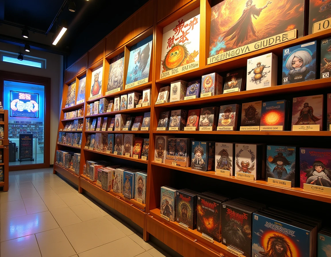 Rayon de librairie spécialisée avec mangas, figurines et jeux vidéo sur le thème des dieux grecs du feu