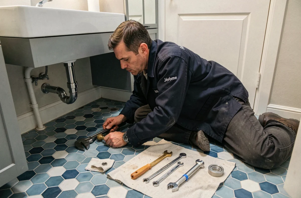 Jérôme Brzezinski, plombier indépendant, réparant un joint sous un meuble vasque dans une salle de bain française