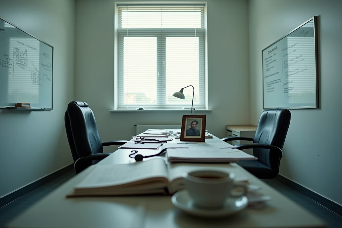 Bureau médical vide avec stéthoscope et dossiers abandonnés, symbolisant le départ du personnage Cameron dans la série Dr House