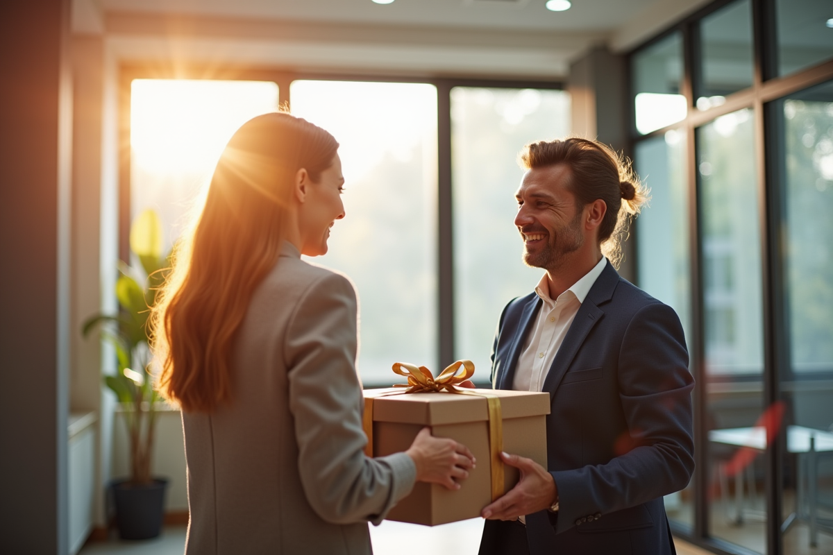 Employe recevant un cadeau de bienetre dans un bureau ensoleille