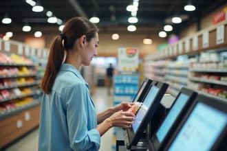 Femme utilisant une caisse automatique en hypermarché E.Leclerc pour optimiser son passage en caisse
