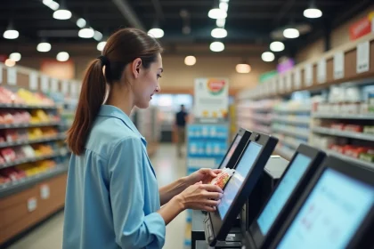 Femme utilisant une caisse automatique en hypermarché E.Leclerc pour optimiser son passage en caisse