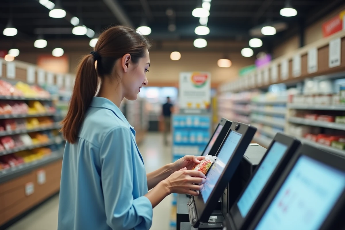 Femme utilisant une caisse automatique en hypermarché E.Leclerc pour optimiser son passage en caisse
