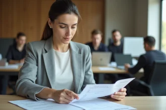 Femme en blazer gris calculant des heures supplémentaires sur une feuille de pointage dans un bureau moderne