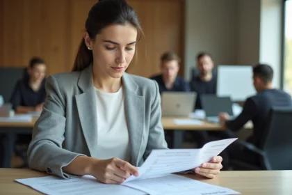 Femme en blazer gris calculant des heures supplémentaires sur une feuille de pointage dans un bureau moderne