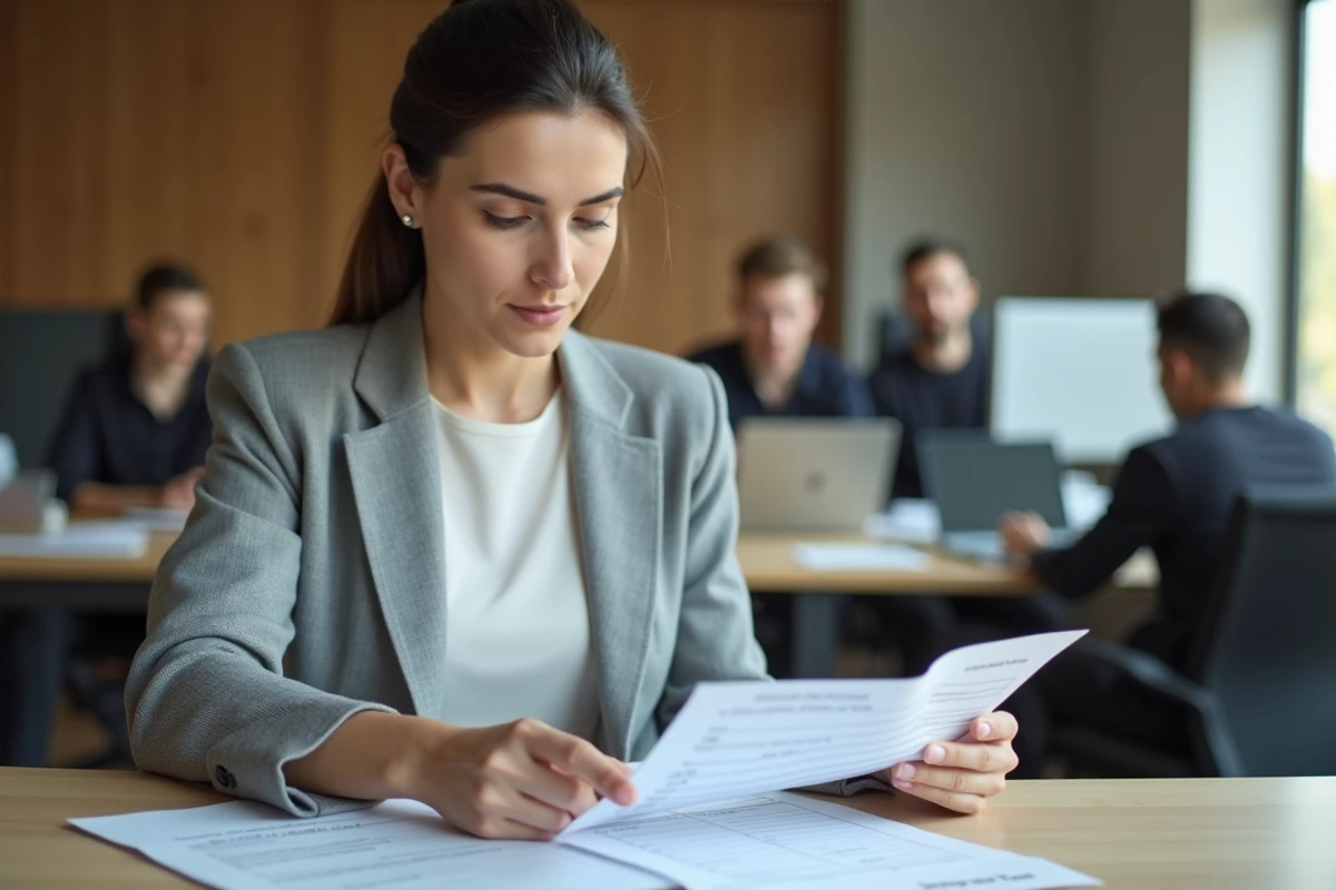 Femme en blazer gris calculant des heures supplémentaires sur une feuille de pointage dans un bureau moderne