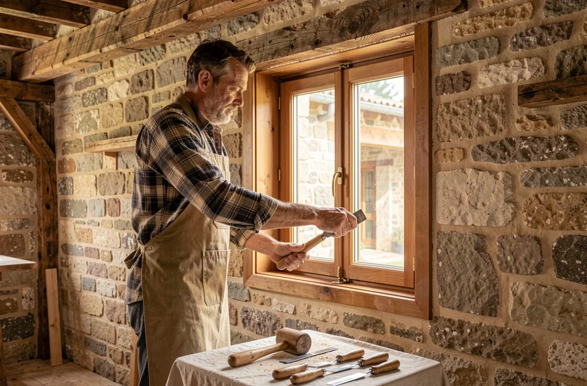 Menuisier-vitrier de C'Bayeur Menuiserie posant une fenêtre en bois avec double vitrage dans une maison ancienne