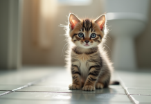 Chaton mouillé sur le sol de la salle de bain