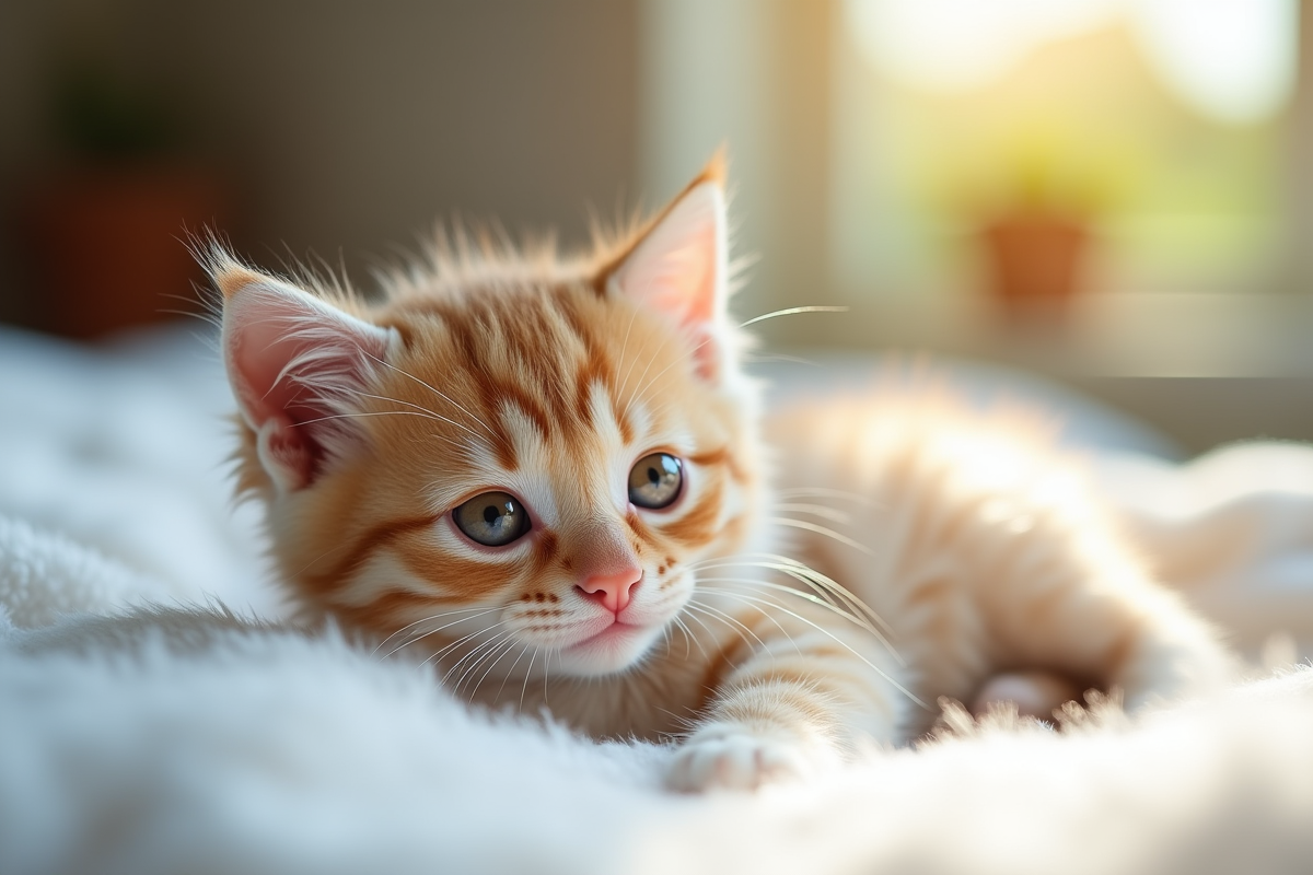 Chaton sec et pelucheux sur une couverture blanche