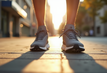 Gros plan de chaussures de sport sur un trottoir en ville en plein jour