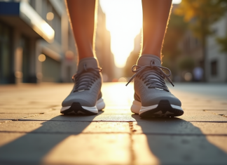 Gros plan de chaussures de sport sur un trottoir en ville en plein jour