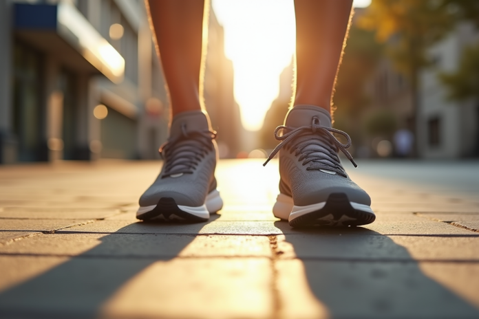 chaussures-athletiques-ville Gros plan de chaussures de sport sur un trottoir en ville en plein jour