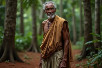 Portrait solennel d'un ancien kanak en tenue traditionnelle devant la forêt de Nouvelle-Calédonie, évoquant la résistance et la mémoire historique