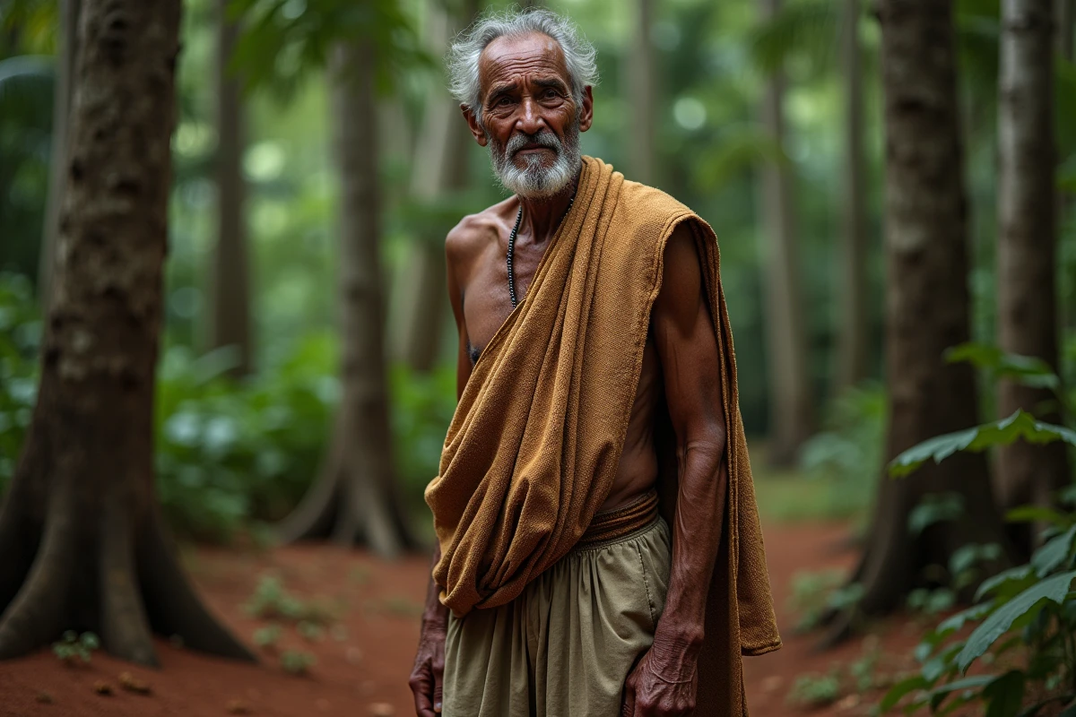 Portrait solennel d'un ancien kanak en tenue traditionnelle devant la forêt de Nouvelle-Calédonie, évoquant la résistance et la mémoire historique