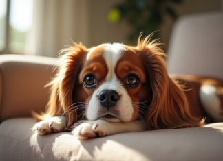 Chien Cavalier King Charles sur un canapé lumineux