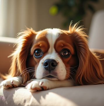 Chien Cavalier King Charles sur un canapé lumineux