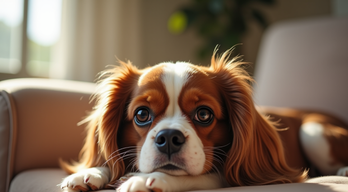 Chien Cavalier King Charles sur un canapé lumineux