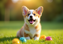 Chiot corgi joueur sur pelouse verte ensoleillée