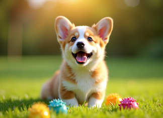 Chiot corgi joueur sur pelouse verte ensoleillée