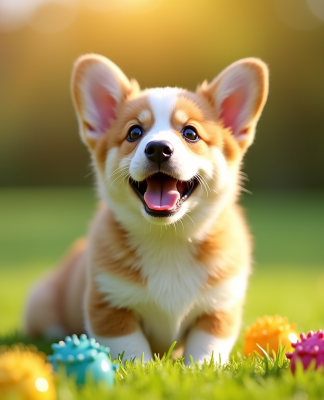 Chiot corgi joueur sur pelouse verte ensoleillée
