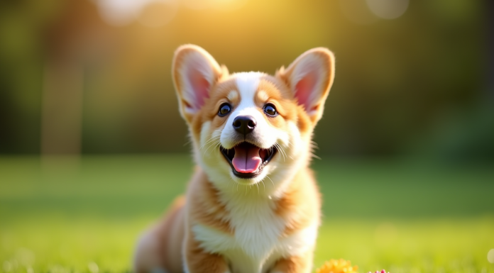Chiot corgi joueur sur pelouse verte ensoleillée