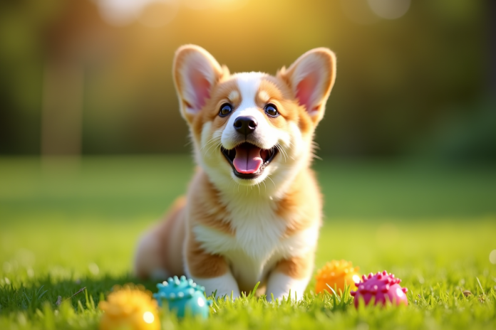 chiot-corgi-sur-herbe Chiot corgi joueur sur pelouse verte ensoleillée