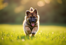 Chiot husky berger allemand courant dans le jardin au matin
