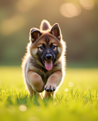 Chiot husky berger allemand courant dans le jardin au matin