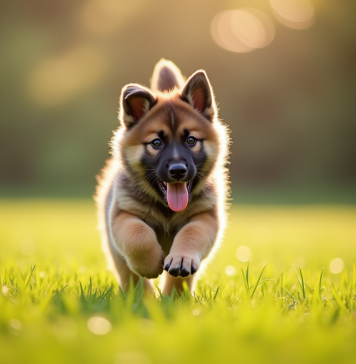 Les différentes étapes du développement d’un chiot berger allemand croisé husky Chiot husky berger allemand courant dans le jardin au matin