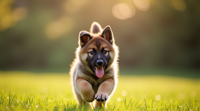 Chiot husky berger allemand courant dans le jardin au matin