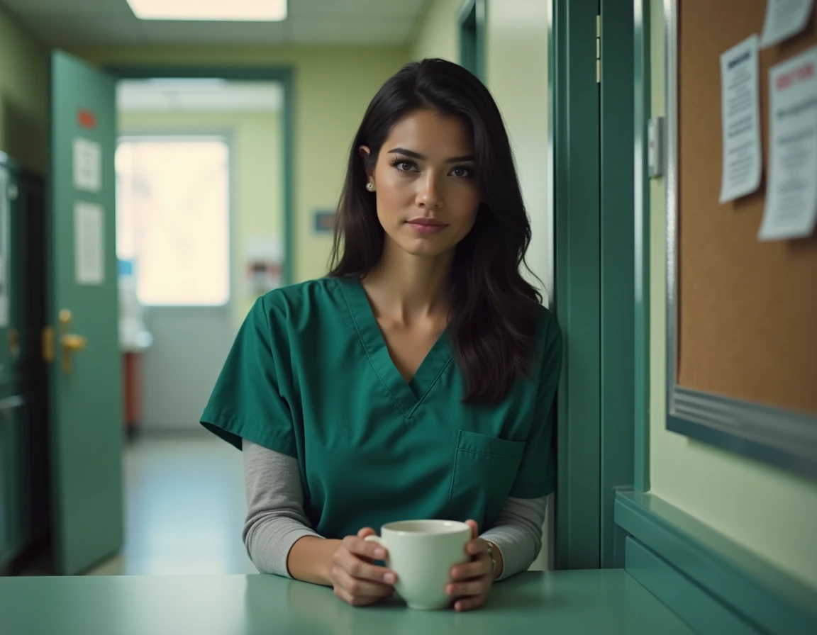 Femme chirurgienne en tenue verte dans une salle de pause d'hôpital, expression introspective tenant une tasse, porte entrouverte suggérant une conversation interrompue